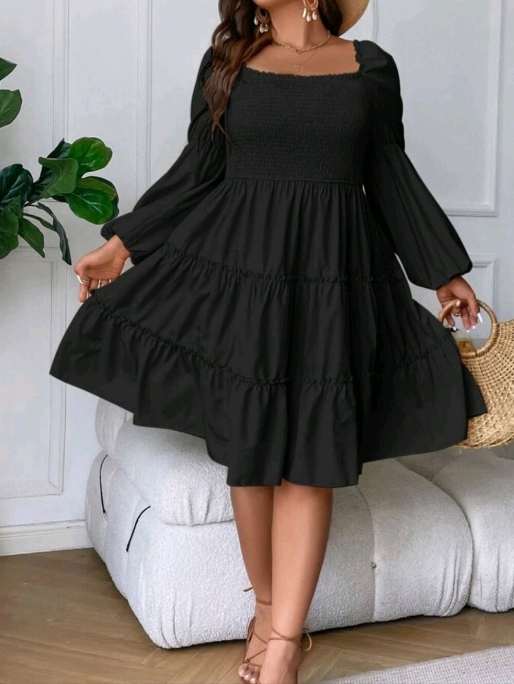 SHEIN Black Smocked Square-Neck Tiered Mini Dress
